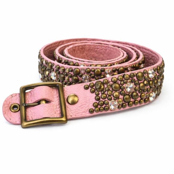 Vintage Pink Studded Leather Belt Rhinestones Gold Studs Glam Y2K Boho M/L - Picture 2 of 9